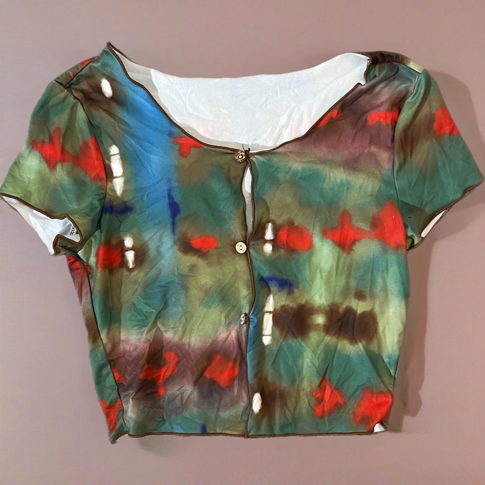 Vibrant Multicolor Tie-Dye Short-Sleeve Button-Down Crop Top